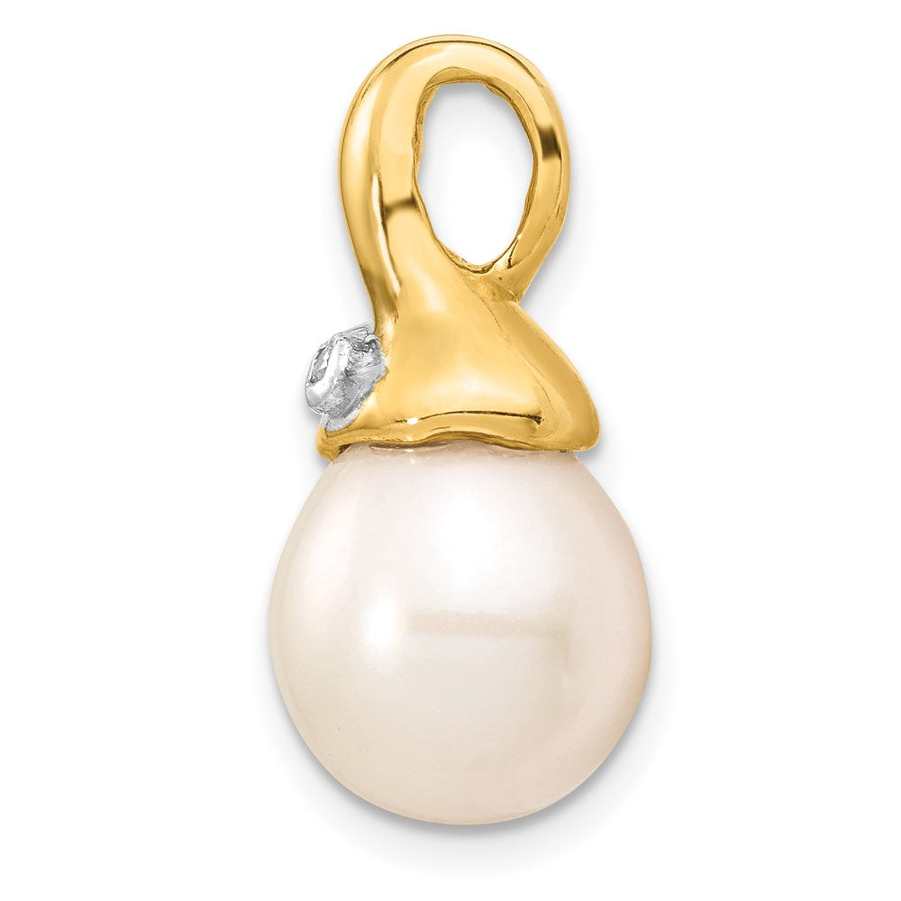 14K Gelbgold 0,01 ct. Echter Diamant 9-10mm Weiße Reis FWC Perlen-Anhänger