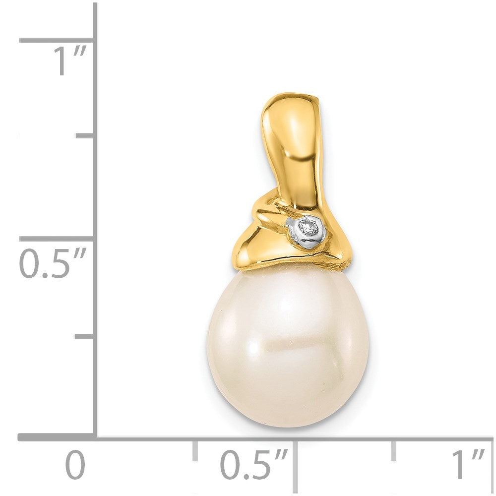 14K Gelbgold 0,01 ct. Echter Diamant 9-10mm Weiße Reis FWC Perlen-Anhänger