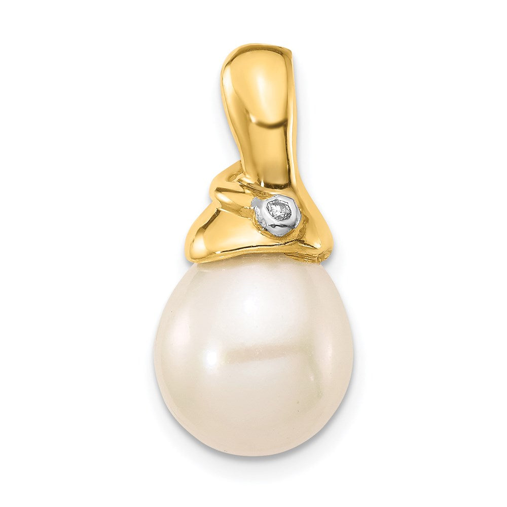 14K Gelbgold 0,01 ct. Echter Diamant 9-10mm Weiße Reis FWC Perlen-Anhänger