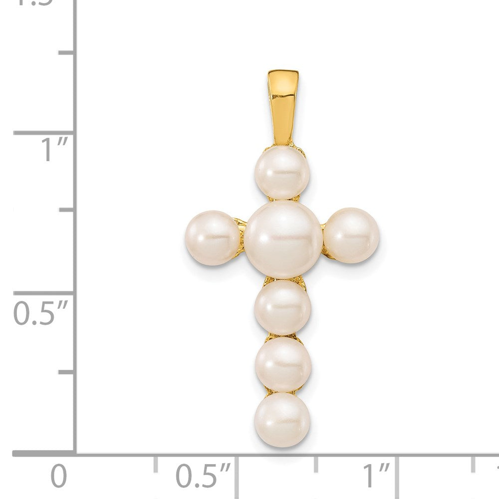 14K Gelbgold Kreuzanhänger mit 4-6 mm weißen Button-Süßwasserzuchtperlen