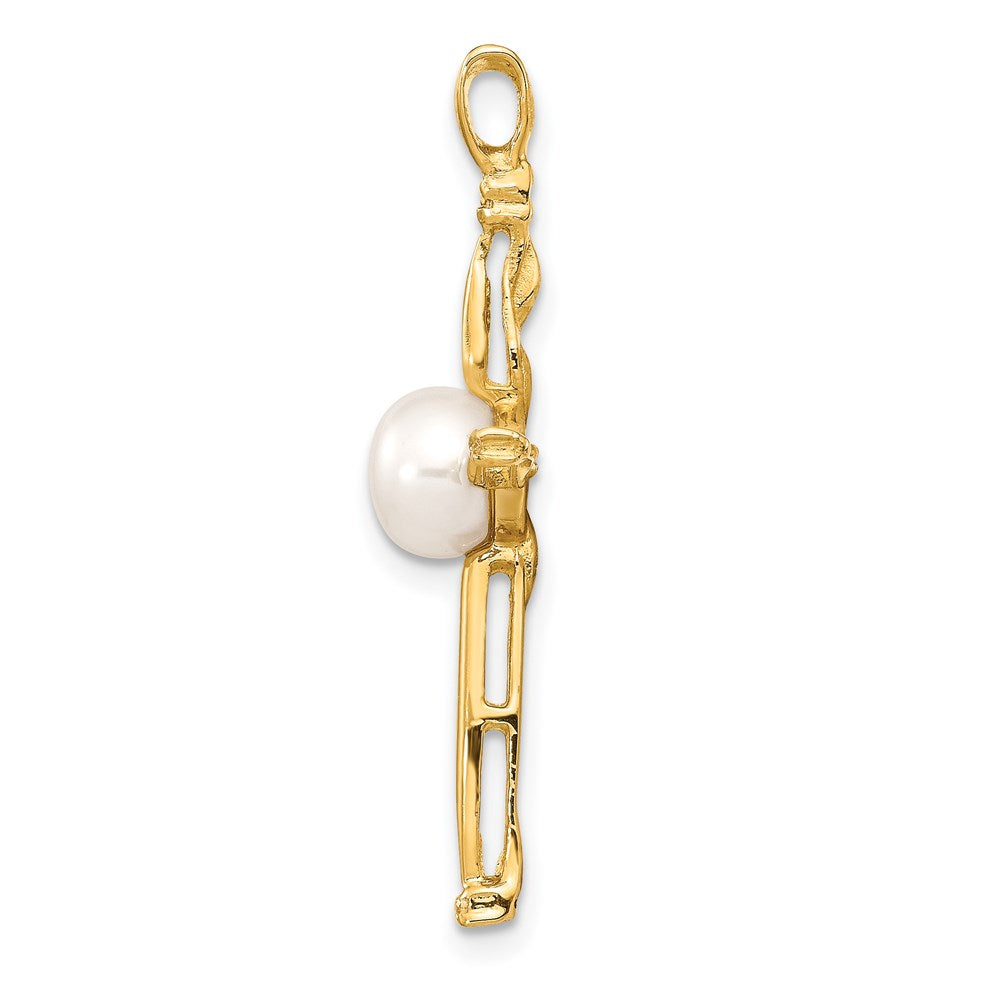 14K Weißgold Kreuz-Anhänger mit 6–7 mm großen weißen, knopfförmigen Süßwasser-Zuchtperlen und 0,02 ct. Diamanten