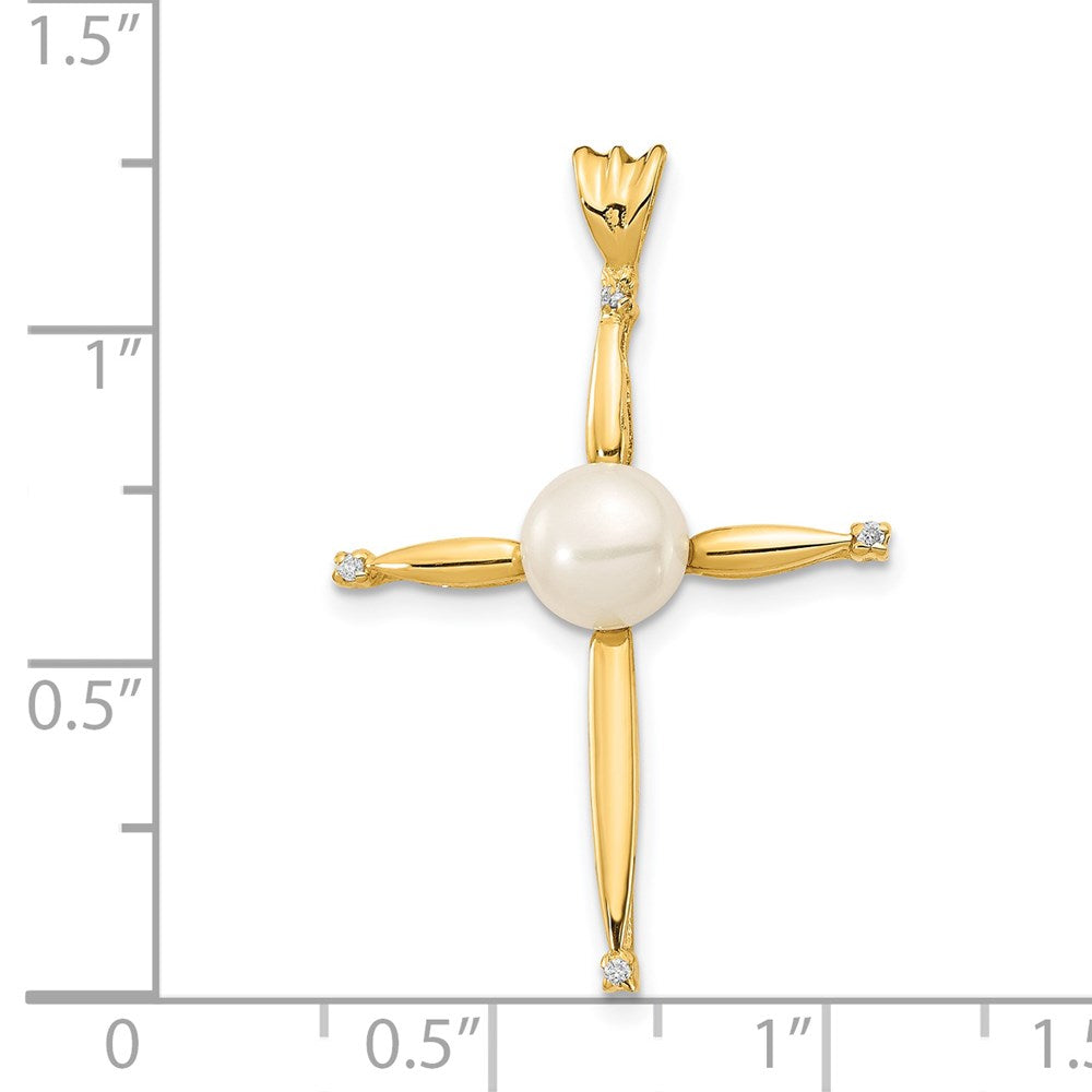 14K Weißgold Kreuz-Anhänger mit 6–7 mm großen weißen, knopfförmigen Süßwasser-Zuchtperlen und 0,02 ct. Diamanten