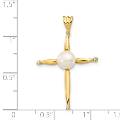 14K Weißgold Kreuz-Anhänger mit 6–7 mm großen weißen, knopfförmigen Süßwasser-Zuchtperlen und 0,02 ct. Diamanten