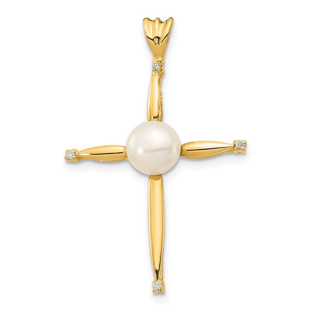 14K Weißgold Kreuz-Anhänger mit 6–7 mm großen weißen, knopfförmigen Süßwasser-Zuchtperlen und 0,02 ct. Diamanten