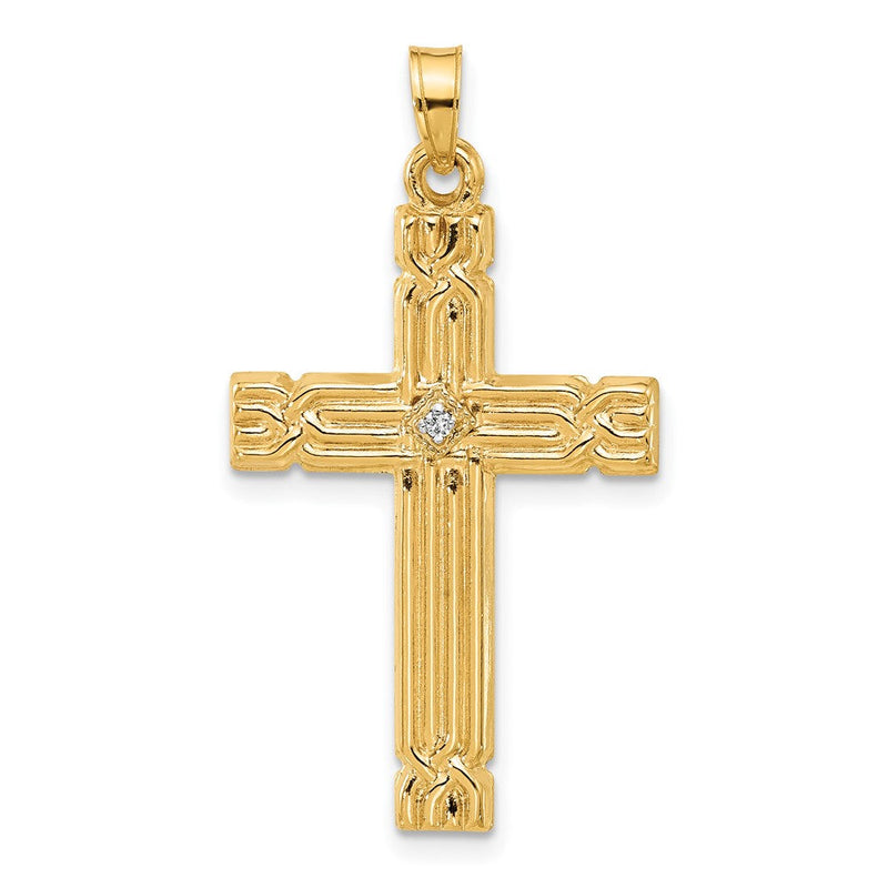14K Gelbgold Poliert und Gerillt Hohl Diamant Kreuz Anhänger