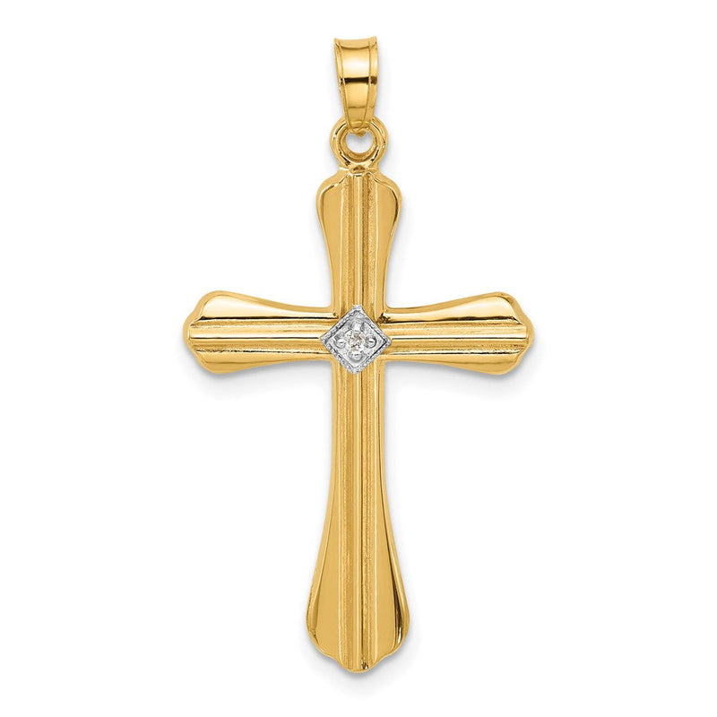 14K Gelbgold Poliert und Gerillt Hohl Diamant Kreuz Anhänger