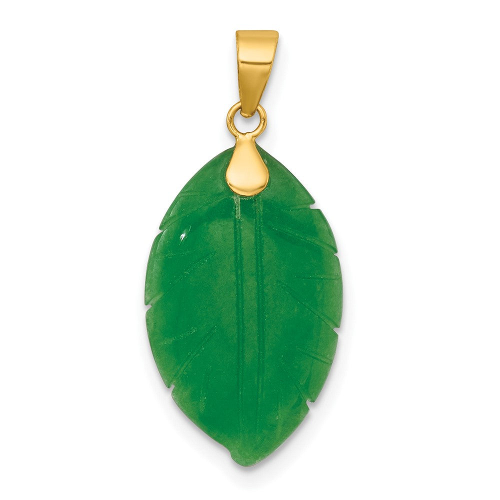14K Gelbgold Poliert Carved Jade Blatt Anhänger