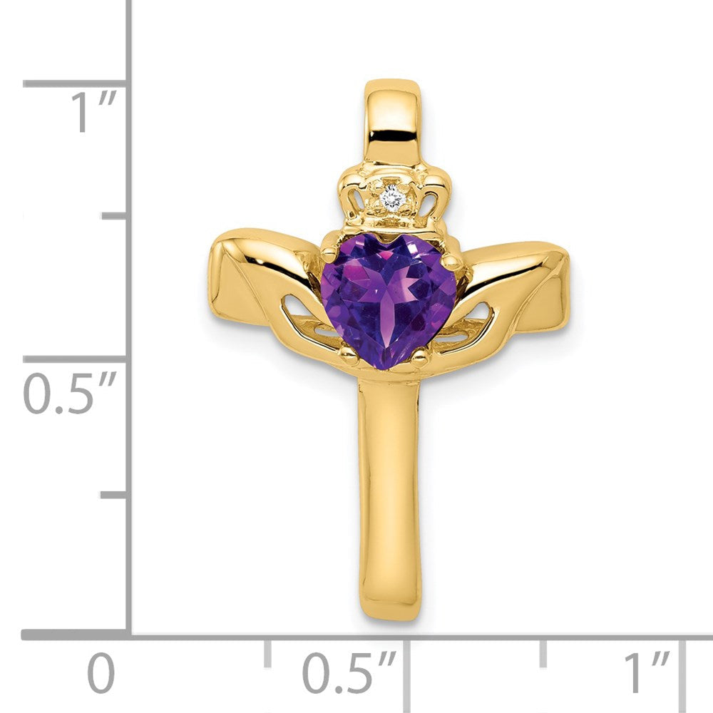 14K 6 mm Claddagh-Kreuzanhänger mit Amethyst und natürlichem Diamant