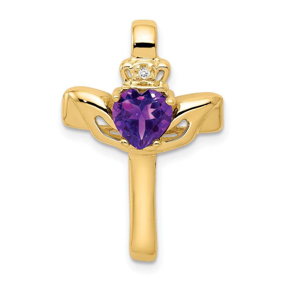14K 6 mm Claddagh-Anhänger mit Amethyst AA und Diamant-Kreuz