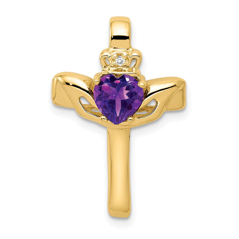 14K Claddagh-Anhänger mit 6-mm-Amethyst AAA und Diamant, Kreuz-Design