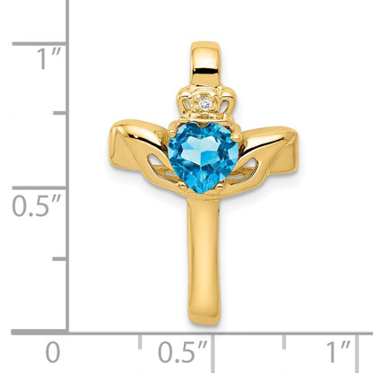 14K 6 mm Claddagh-Kreuzanhänger mit Blautopas und natürlichem Diamant