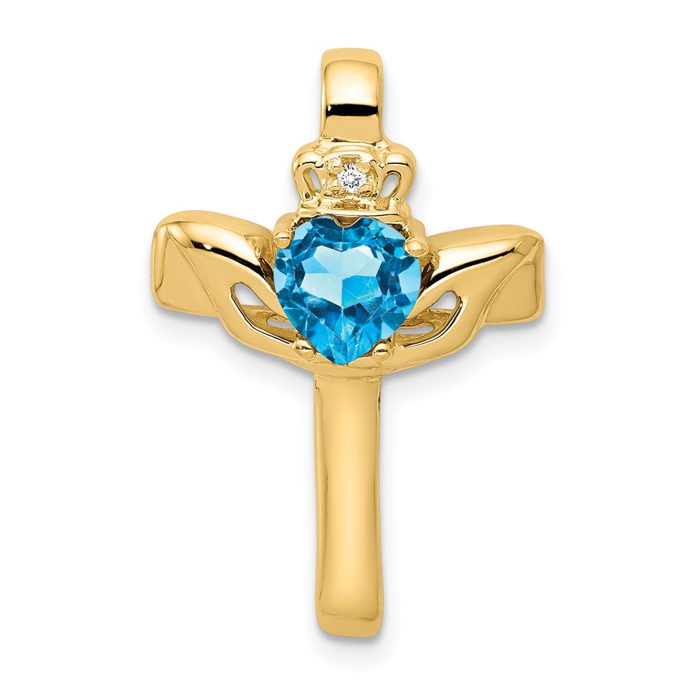 14K 6 mm Claddagh-Kreuzanhänger mit Blautopas und natürlichem Diamant