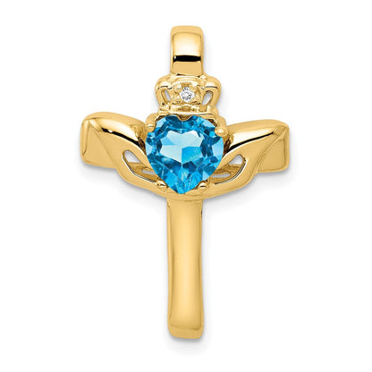 14K 6 mm Claddagh-Kreuzanhänger mit Blautopas und natürlichem Diamant