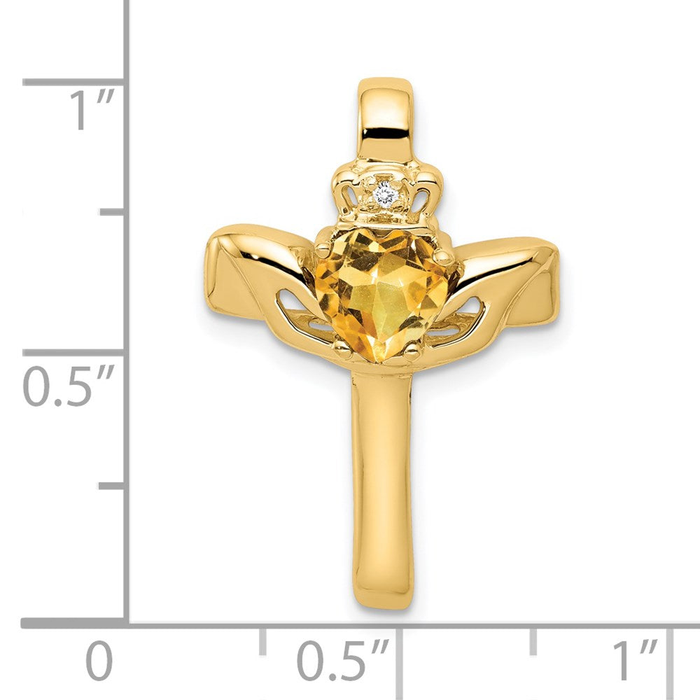14K 6-mm-Claddagh-Kreuzanhänger mit Citrin und natürlichem Diamant