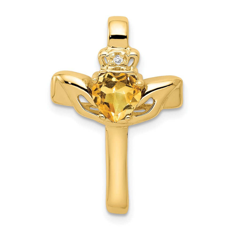 14K 6-mm-Claddagh-Kreuzanhänger mit Citrin und natürlichem Diamant