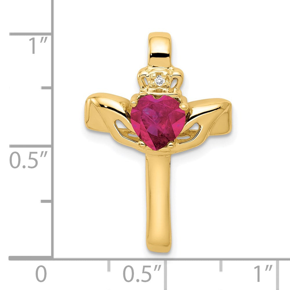 14K 6 mm Claddagh-Anhänger mit synthetischem Rubin AA und Diamant-Kreuz