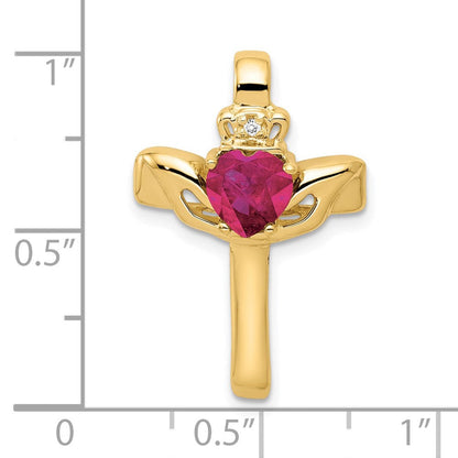 14K 6 mm Claddagh-Anhänger mit synthetischem Rubin AA und Diamant-Kreuz