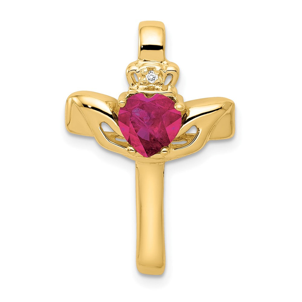 14K 6 mm Claddagh-Anhänger mit synthetischem Rubin AA und Diamant-Kreuz