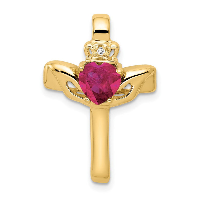 14K 6 mm Claddagh-Anhänger mit synthetischem Rubin AA und Diamant-Kreuz