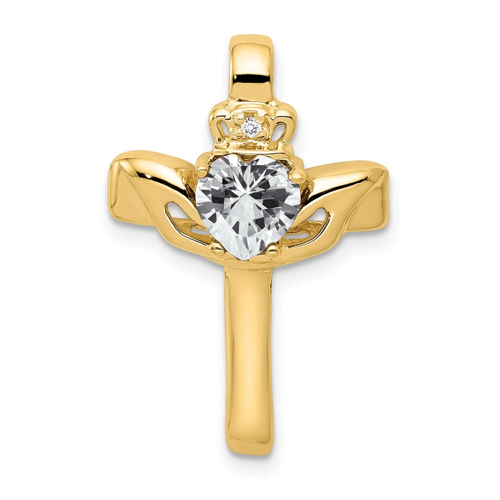 14K 6 mm Claddagh Zirkonia und Diamant Kreuzanhänger