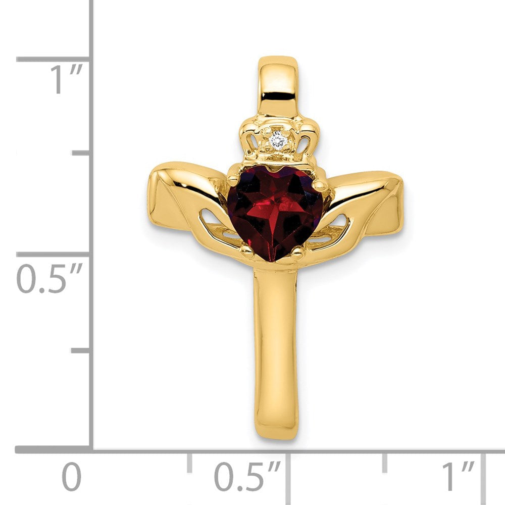 14 Karat 6 mm Claddagh Kreuzanhänger mit Granat und natürlichen Diamanten