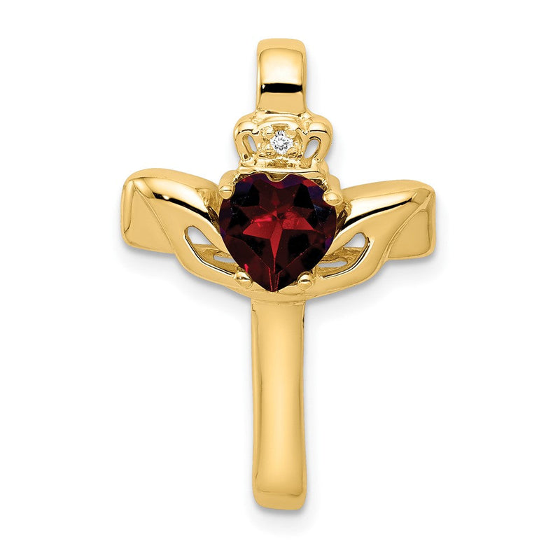 14K Claddagh-Anhänger mit 6-mm-Granat AAA und Diamant-Kreuz