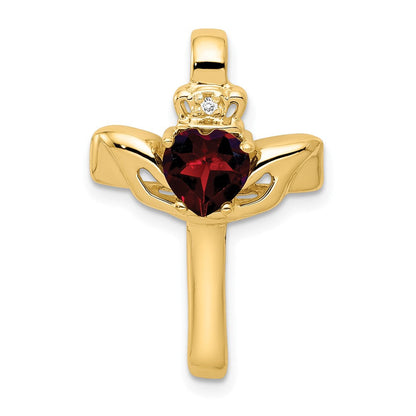 14 Karat 6 mm Claddagh Kreuzanhänger mit Granat und natürlichen Diamanten