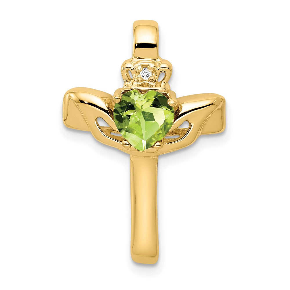 14K Gelbgold Claddagh-Kreuzanhänger mit 6-mm-Peridot AA und Diamant