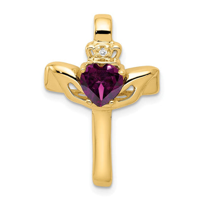 14K Gelbgold 6mm Claddagh Rhodolith Granat Aa Diamant Kreuz Anhänger