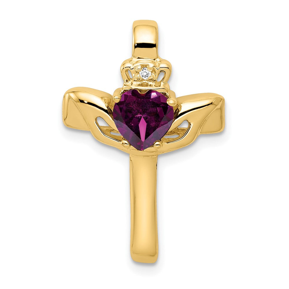 14K Gelbgold 6mm Claddagh Rhodolith Granat Aaa Diamant Kreuz Anhänger