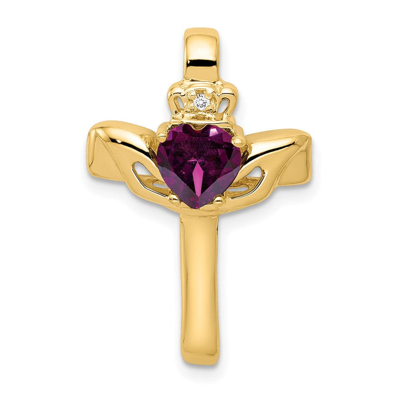 14K Gelbgold 6mm Claddagh Rhodolith Granat Vs Diamant Kreuz Anhänger
