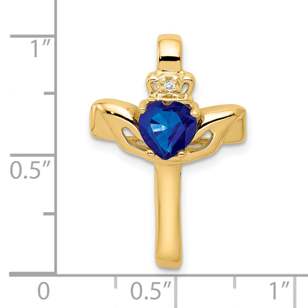 14K 6 mm Claddagh-Anhänger mit Saphir AA und Diamant, Kreuz-Design