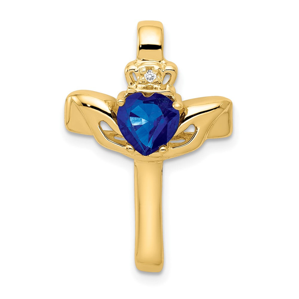 14K 6 mm Claddagh-Anhänger mit Saphir und VS-Diamant-Kreuz