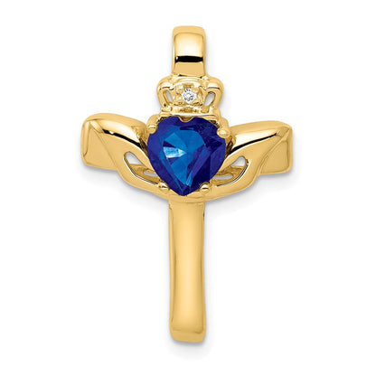 14K 6 mm Claddagh-Anhänger mit Saphir AA und Diamant, Kreuz-Design