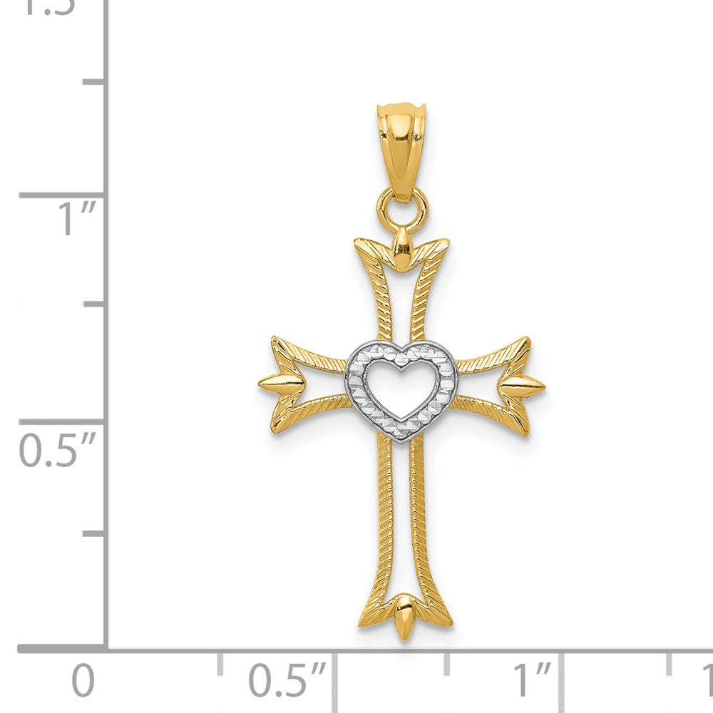 14K Gelb & Rhodium 14K mit Rhodium Diamantiert Kreuz mit Herz Anhänger