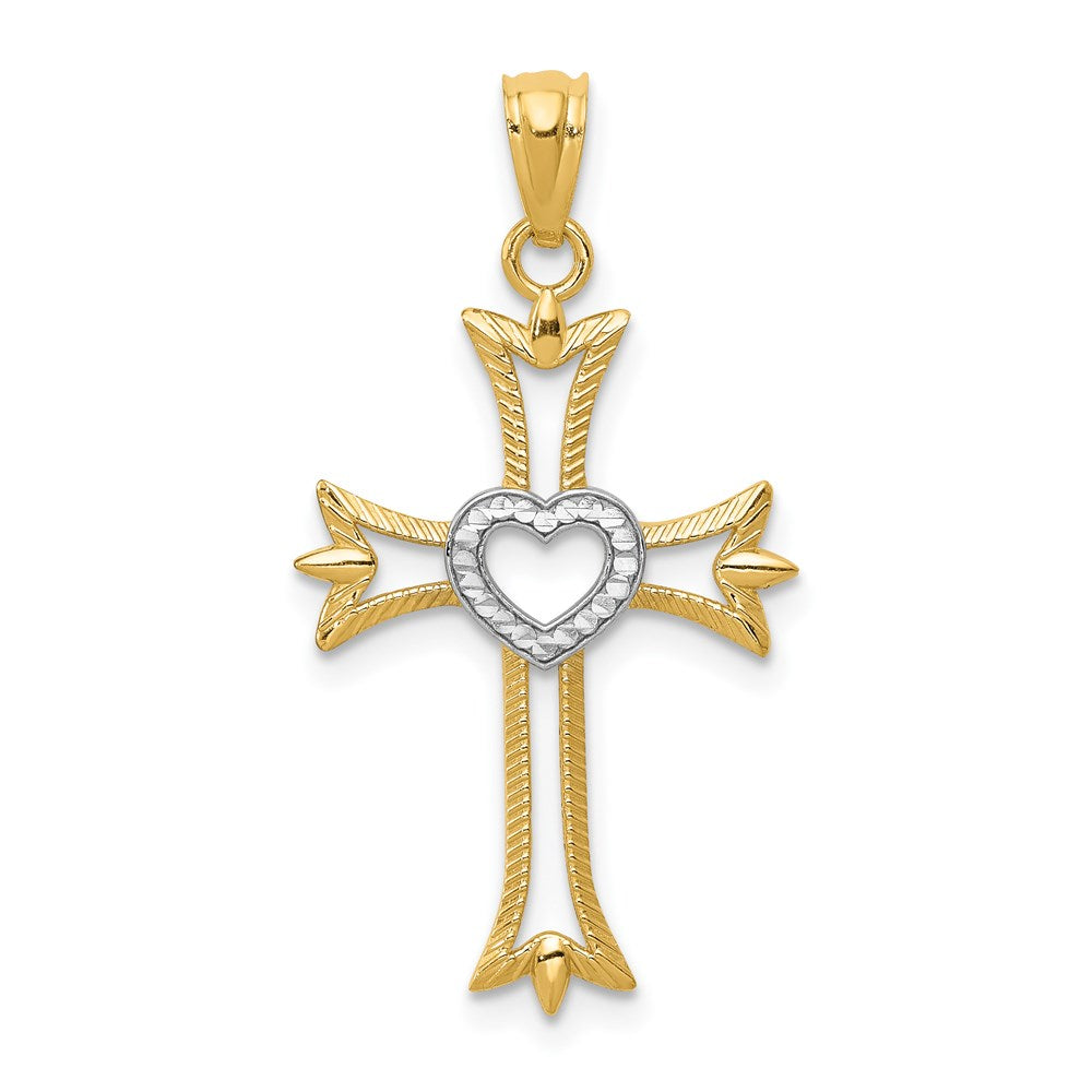 14K Gelb & Rhodium 14K mit Rhodium Diamantiert Kreuz mit Herz Anhänger