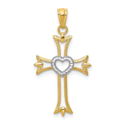 14K Gelb & Rhodium 14K mit Rhodium Diamantiert Kreuz mit Herz Anhänger