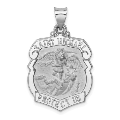 14K Weißgold Poliert/satin St Michael Abzeichen Medaille Hohl Anhänger