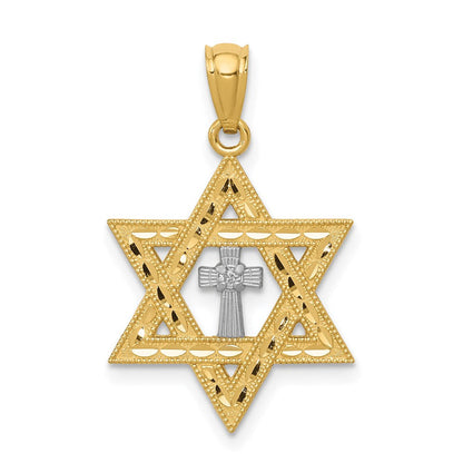 14K Gold Diamant-Anhänger „Davidstern mit Kreuz“ mit Rhodinierung