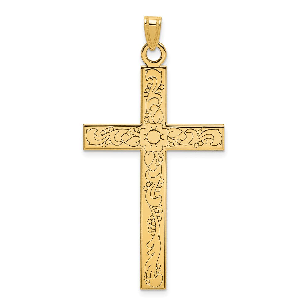 14K Gelbgold 14K Geätzt Blumen Design Kreuz Anhänger