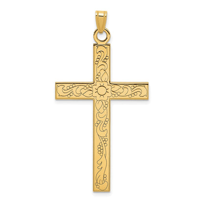 14K Gelbgold 14K Geätzt Blumen Design Kreuz Anhänger