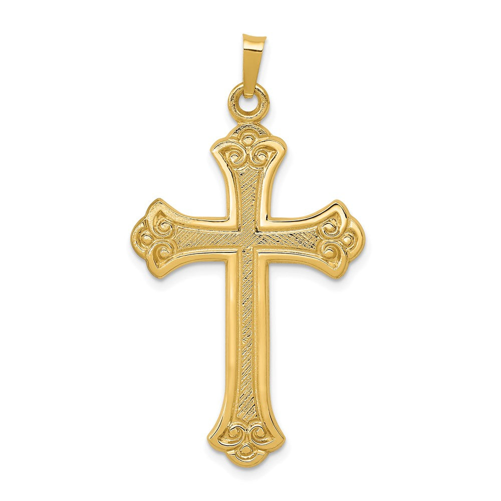 14K Gelbgold 14K Strukturiert und Poliert Fleur De Lis Kreuz Anhänger
