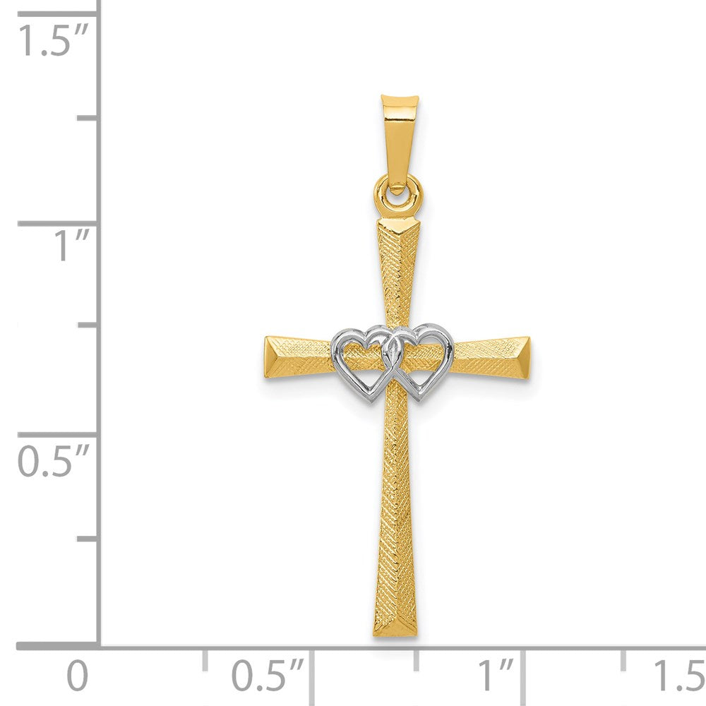 14K Bicolor 14K Bicolor Strukturiert und Poliert Lateinisch Kreuz mit Herzen Anhänger