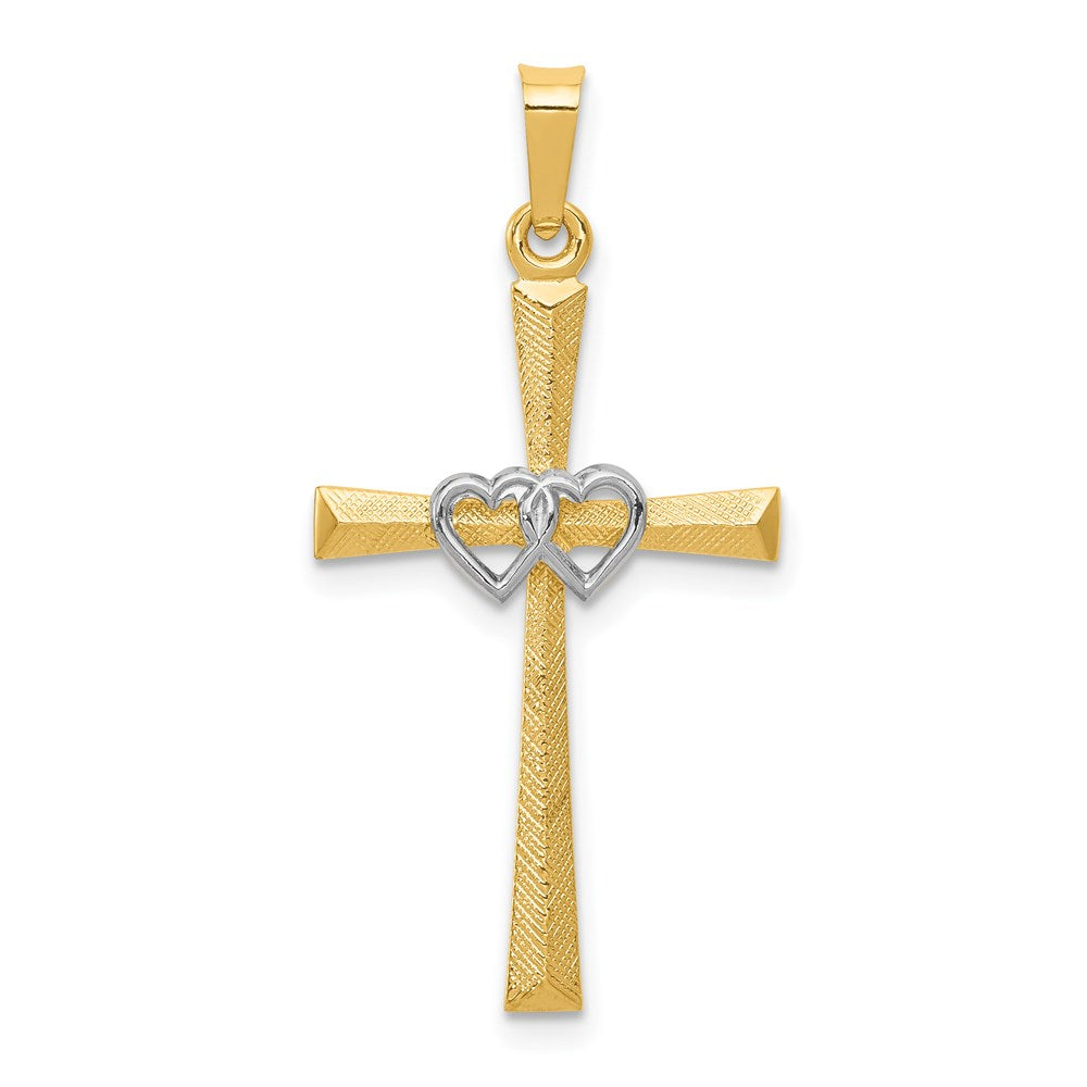 14K Bicolor 14K Bicolor Strukturiert und Poliert Lateinisch Kreuz mit Herzen Anhänger