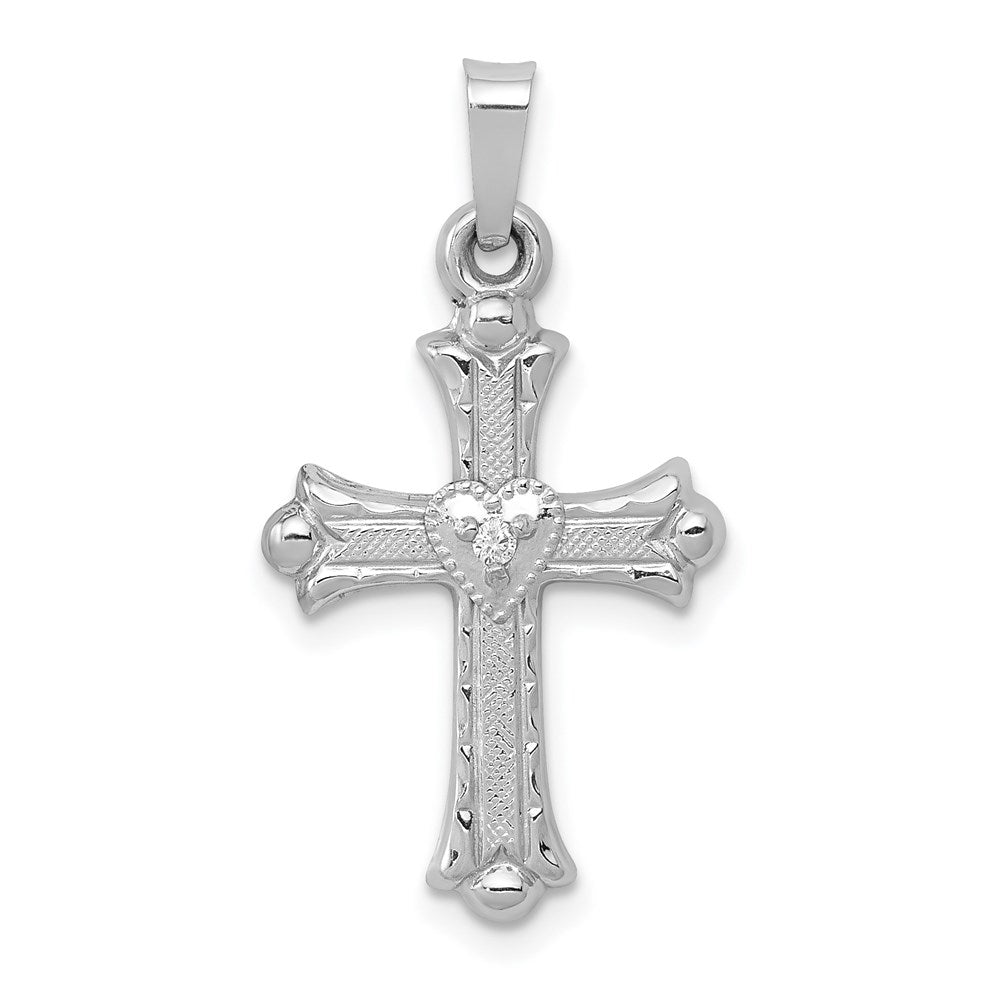 14K Weißgold Diamant Anhänger, texturiertes und poliertes Fleur-de-Lis-Kreuz