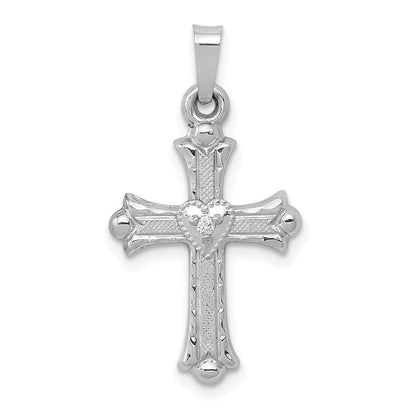 14K Weißgold Diamant Anhänger, texturiertes und poliertes Fleur-de-Lis-Kreuz