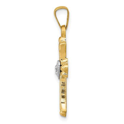 14K Diamant Fleur-de-lis-Kreuz-Anhänger, texturiert, gebürstet und poliert