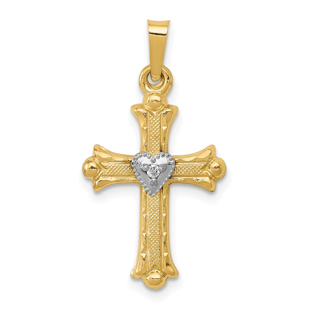 14K Diamant Fleur-de-lis-Kreuz-Anhänger, texturiert, gebürstet und poliert