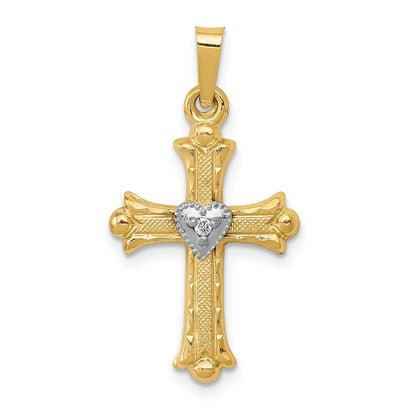14K Diamant Fleur-de-lis-Kreuz-Anhänger, texturiert, gebürstet und poliert
