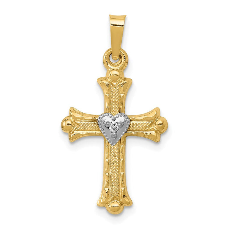14K Diamant Fleur-de-lis-Kreuz-Anhänger, texturiert, gebürstet und poliert